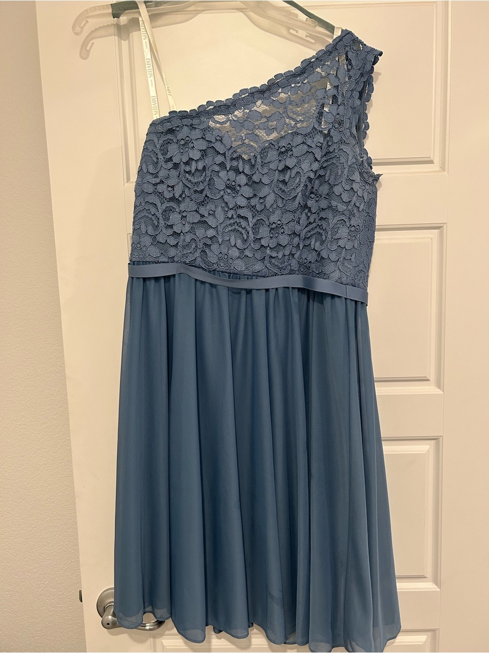 David’s Bridal Size 8 One-Shoulder Lace Bodice Chiffon Dress in Steel Blue